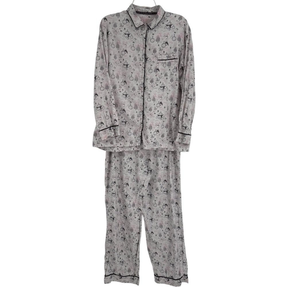Victoria’s Secret Pajama Set Size L gray deer 2 Piece Women’s Button Up Flannel